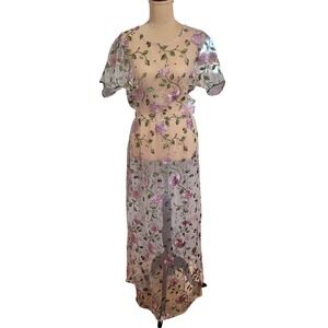 LuLaRoe Maxi Dress Pink XL Floral Embroidered Mesh Sheer Layering Overdress
